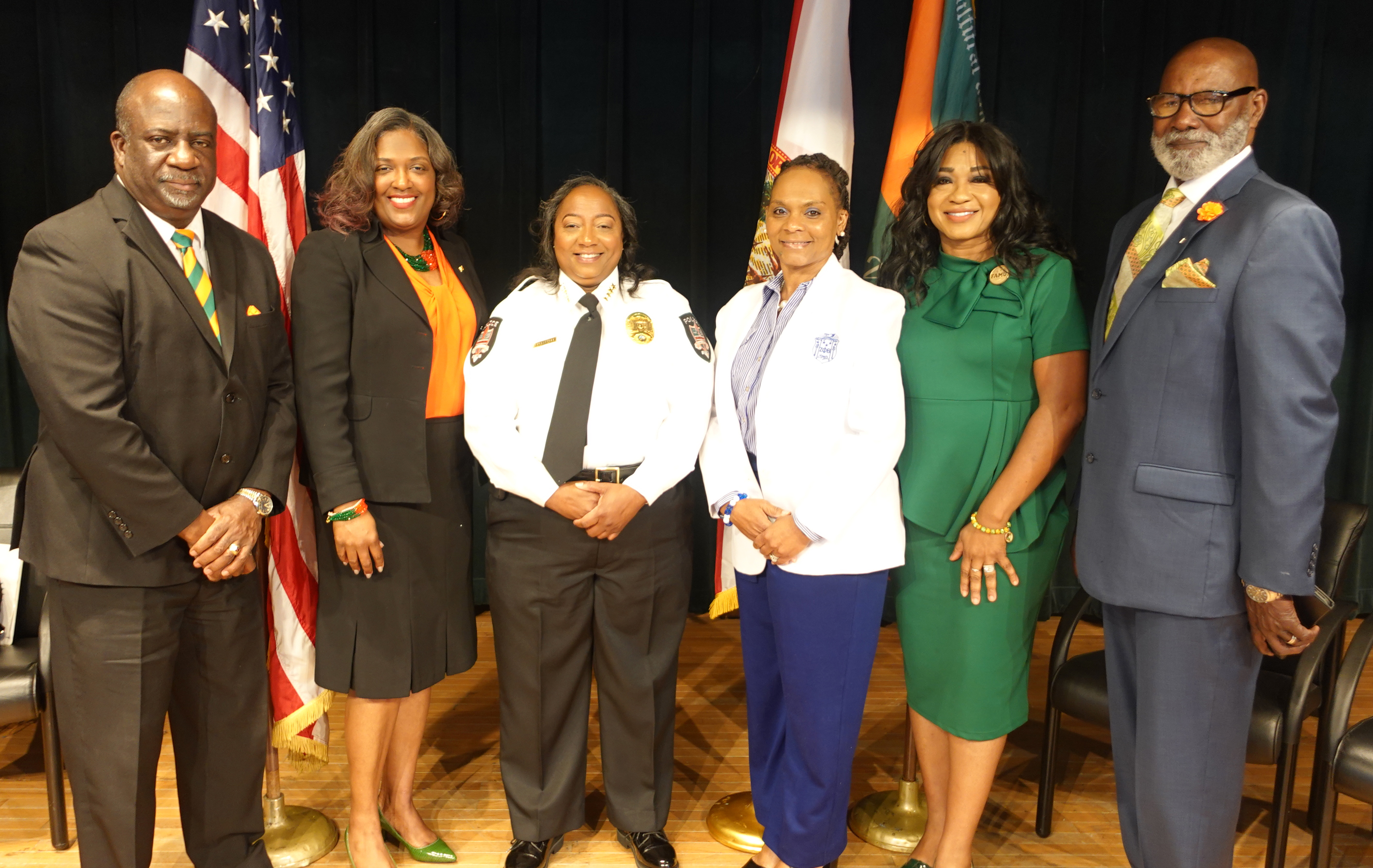 FAMU Chief of Police, Audrey Alexander was sworn-in on Oct. 11. Platform guests pictured include: FAMU Interim President Timothy Beard; Rebecca Brown, senior vice president of Finance and Administration and Chief Financial Officer; Chief Alexander; Erica Herring, senior inspector at the Florida Department of Business and Professional Regulation; Carmen Cummings, assistant vice president of University Engagement/Alumni Affairs; and Rev. Douglas M. Harris, pastor of Midway Unity Fellowship.