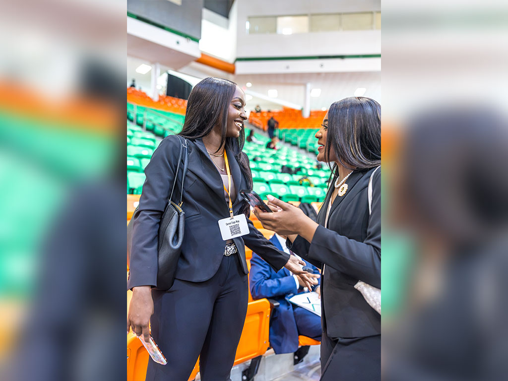 Attendees connect during FAMU's Fall 2026 Career and Internship Expo, highlighting the importance of networking and building professional relationships. (Photo courtesy of Jeff Adams.)