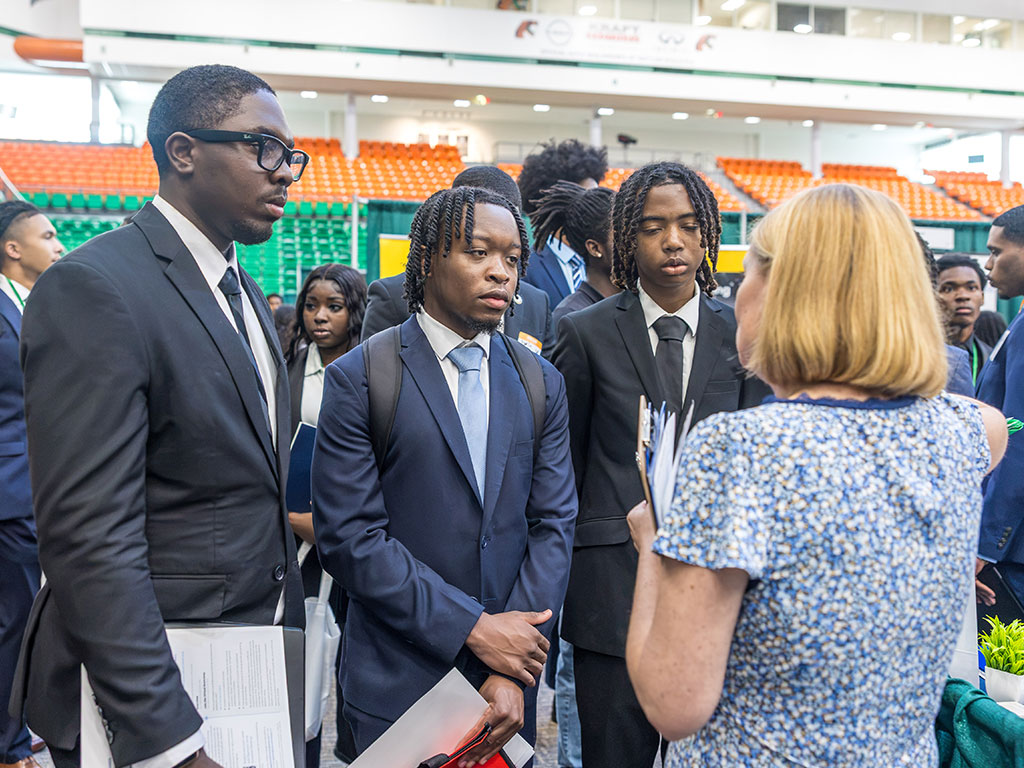 Florida A&M University students engage with a recruiter during the Fall 2026 Career and Internship Expo on Sept. 30 at the Al Lawson Multipurpose Center. The event provided students with opportunities to explore career pathways, connect with employers and build professional relationships. (Photo courtesy of Jeff Adams.)