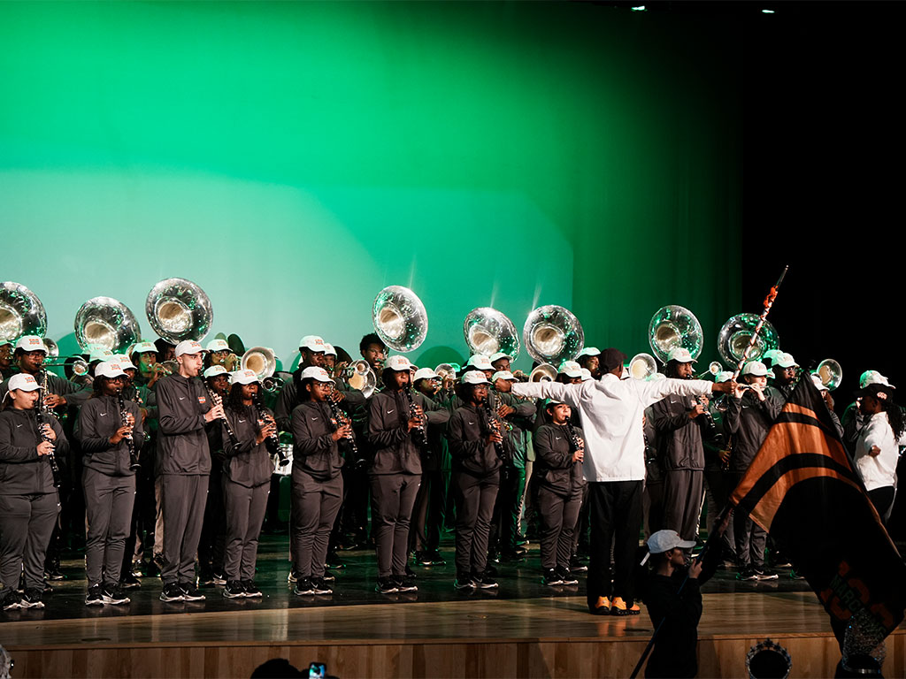 Florida A&M University’s Marching “100” performs during a recruitment event, showcasing the University’s rich traditions, school spirit and vibrant campus culture to prospective Rattlers.