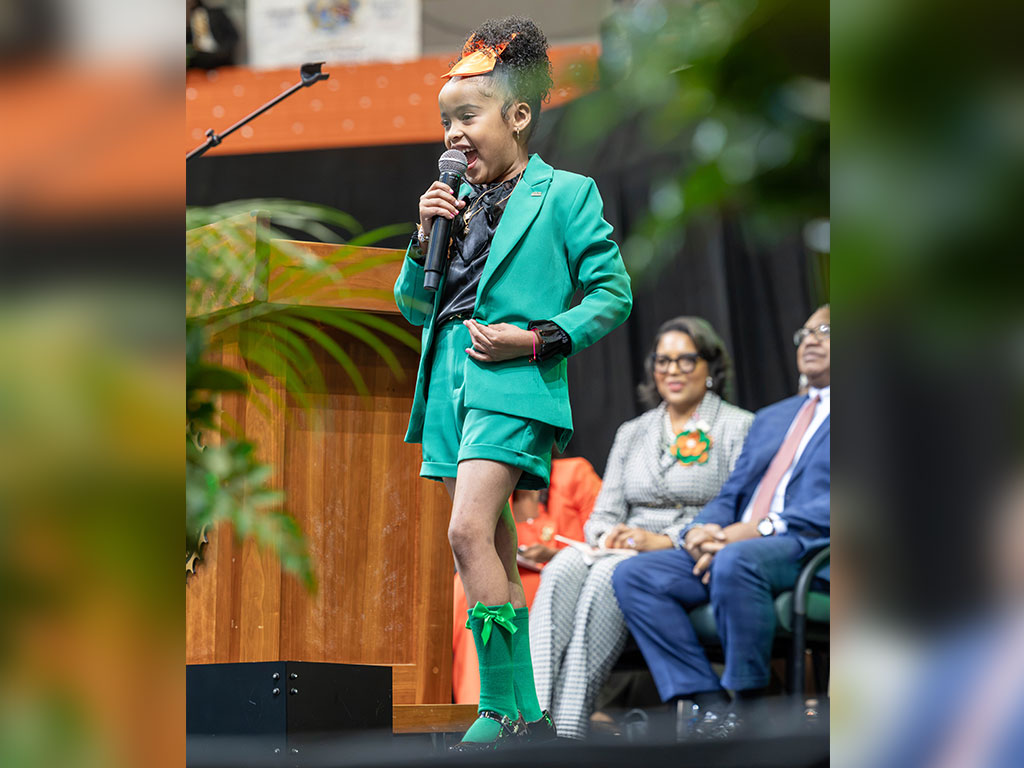Six-year-old Ashlyn Lekay, known as the “Affirmation Princess,” captivates the audience as she leads the Rattler FAMUly in a powerful morning affirmation during Florida A&M University's 2026 Homecoming Convocation on Friday, Oct. 23. (Photo by Jeff Adams/FAMU)