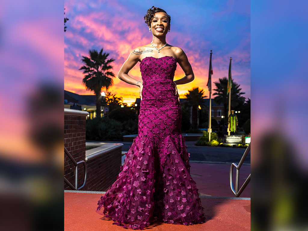 A’Deja Farlow, an Army Reserve Officers’ Training Corps (ROTC) and School of Nursing student featured in FAMU’s episode of “The College Tour,” poses on the red carpet ahead of the Sept. 11 screening at Lee Hall Auditorium. Photo credit: Adams, FAMU University Photographer.