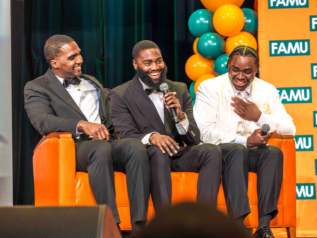 Members of FAMU’s “The College Tour” cast share a lighthearted moment during the panel discussion following the Sept. 11 screening at Lee Hall Auditorium. The featured students reflected on their experiences filming the episode and representing FAMU. Photo credit: Adams, FAMU University Photographer.