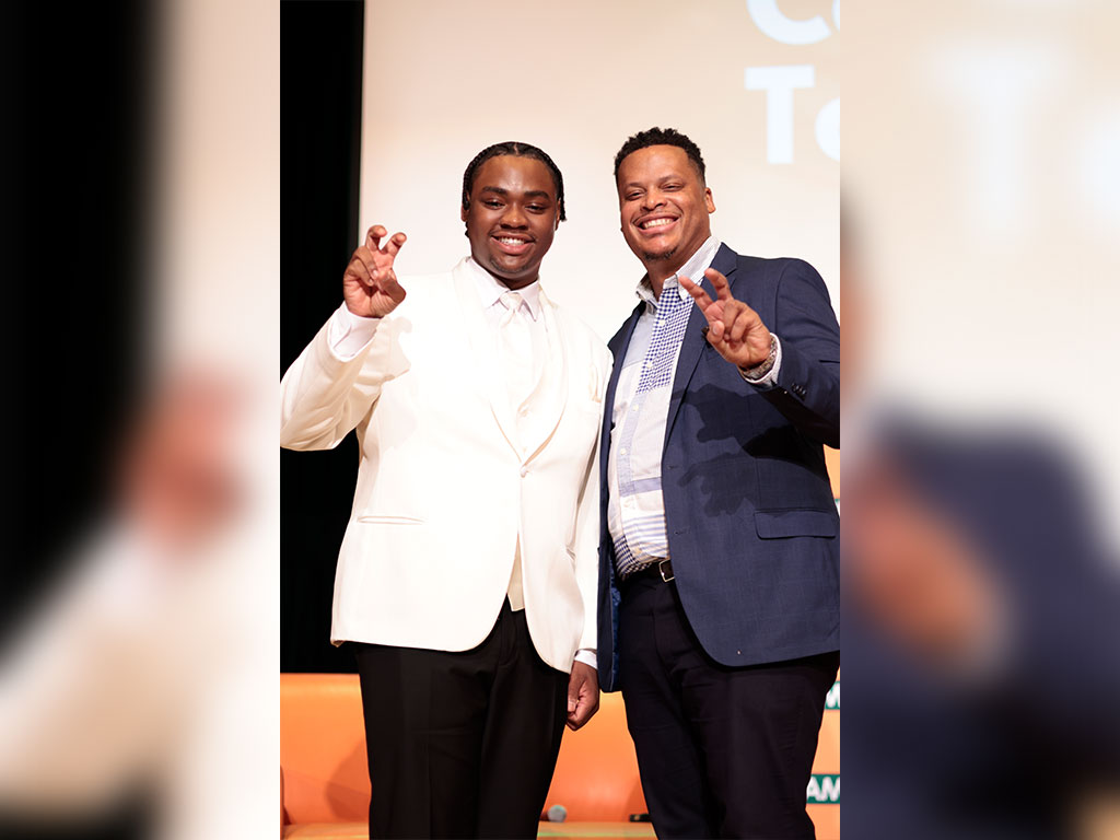 FAMU President Marva B. Johnson, J.D., Provost and Vice President for Academic Affairs Allyson L. Watson, Ph.D., and members of “The College Tour” cast throw the Rattler hand sign following the premiere screening and panel discussion at Lee Hall Auditorium. Photo courtesy: Jeff Adams, FAMU University Photographer.