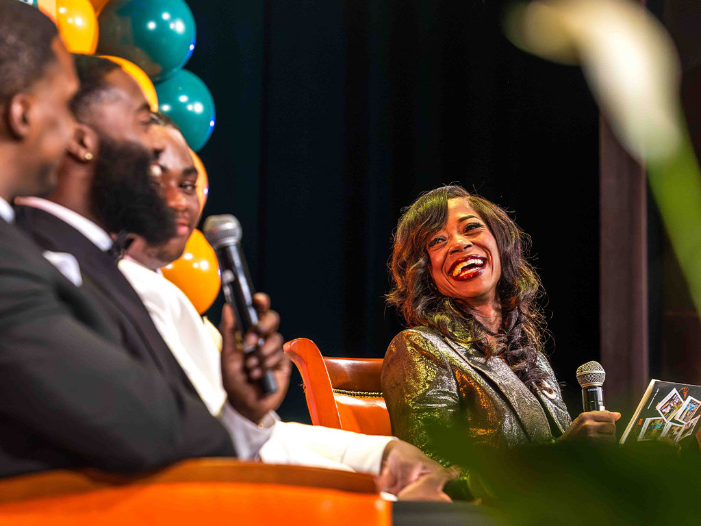 FAMU President Marva B. Johnson, J.D., shares a lighthearted moment with members of “The College Tour” cast during the panel discussion following the Sept. 11 screening at Lee Hall Auditorium. Photo credit: Adams, FAMU University Photographer.