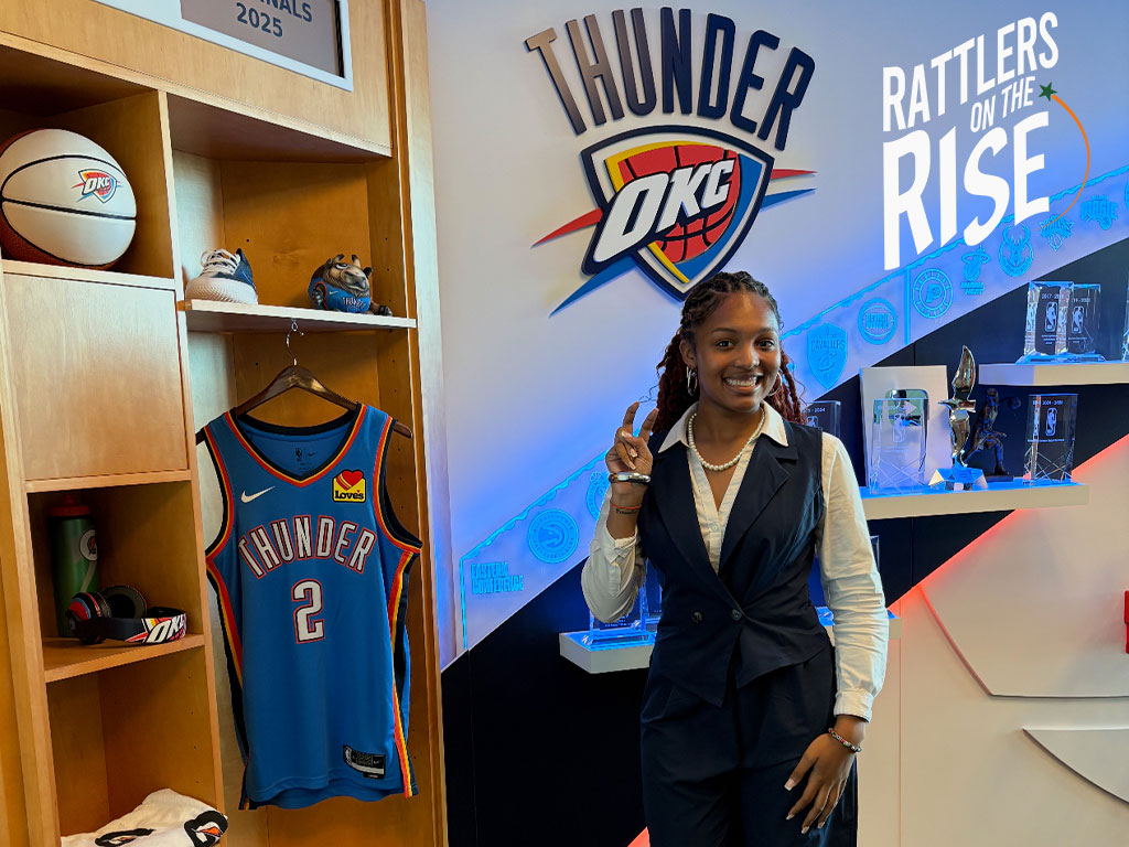 Ashley Bigbee is showing the OK City Thunder how to strike.