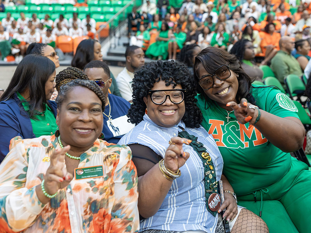 FAMU alumni and supporters celebrate Rattler pride during the university's 2026 Homecoming Convocation at the Alfred Lawson Jr. Multipurpose Center. The annual gathering brought together generations of Rattlers under the theme “There's No Place Like The Hill.” (Photo by Jeff Adams/FAMU)
