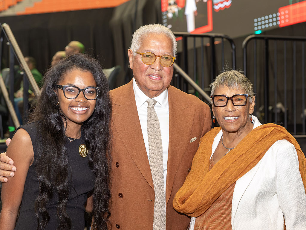 Bernard and Shirley Kinsey pose for a photo during Florida A&M University's 2026 Homecoming Convocation on Friday, Oct. 23, where the couple was recognized for their $2 million gift to the university's Marching “100.” (Photo by Jeff Adams/FAMU)