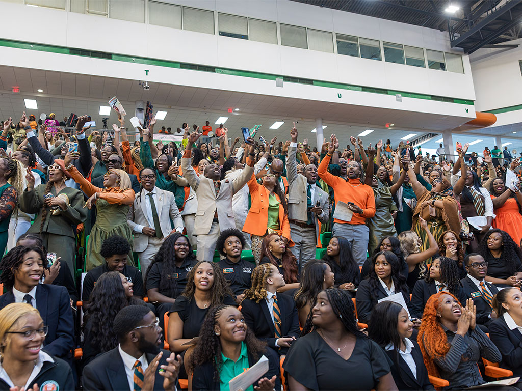 FAMU students, alumni and supporters erupt in celebration during the university's 2026 Homecoming Convocation on Friday, Oct. 23, at the Alfred Lawson Jr. Multipurpose Center. The annual gathering celebrated the spirit, unity and traditions that bring generations of Rattlers together. (Photo by Jeff Adams/FAMU)