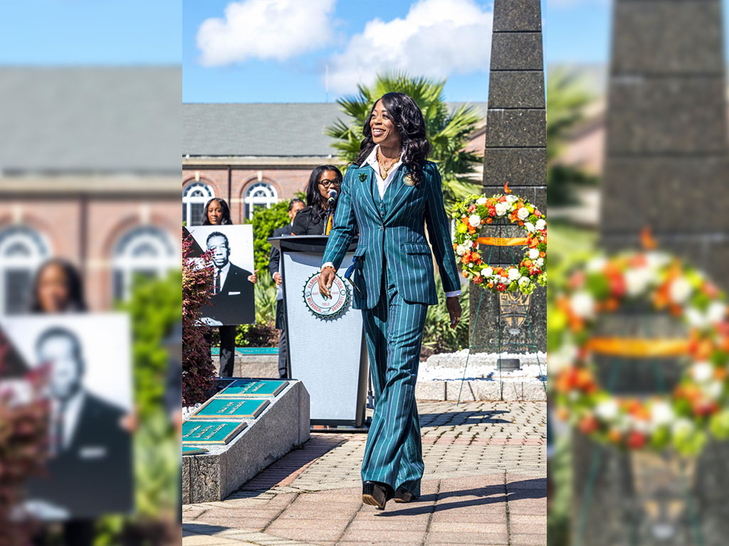 Florida A&M University President Marva B. Johnson, J.D., participates in the University’s Founders Day wreath-laying ceremony at the Eternal Flame, commemorating FAMU’s history and legacy. Photo courtesy: Jeff Adams