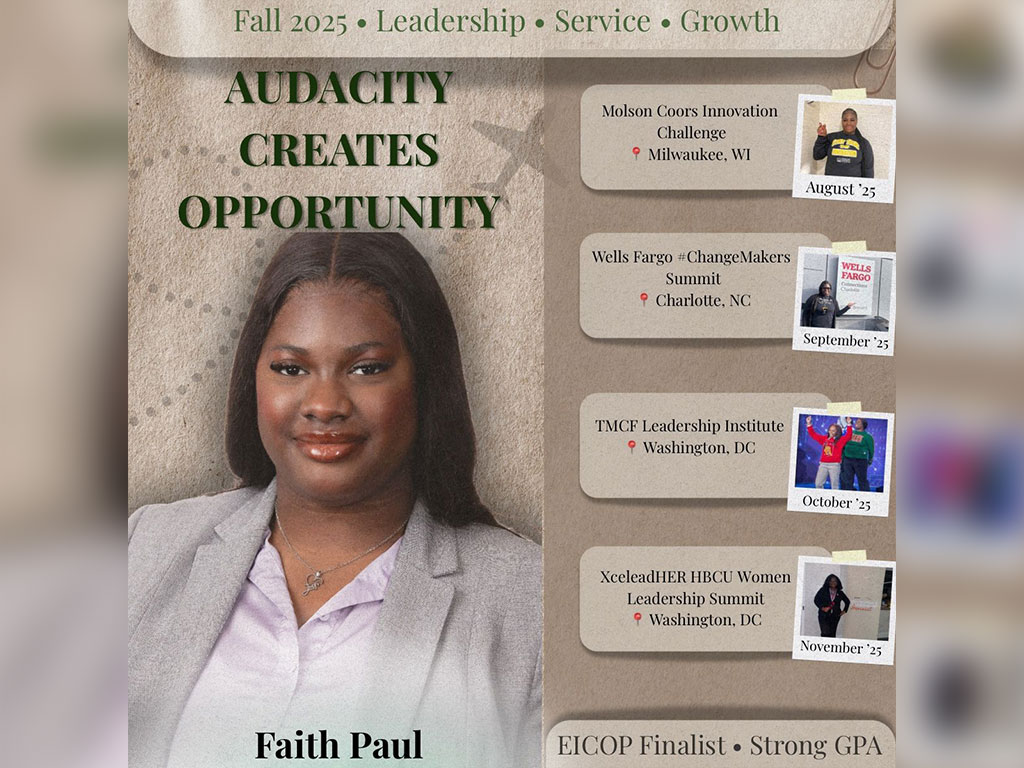 Faith Paul highlights a semester of leadership, service and professional development experiences, including the Molson Coors Innovation Challenge, Wells Fargo ChangeMakers Summit, TMCF Leadership Institute and XceleadHER HBCU Women Leadership Summit.