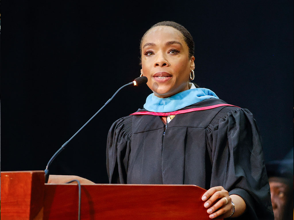 Fawn Weaver tight shot at FAMU Commencement Podium