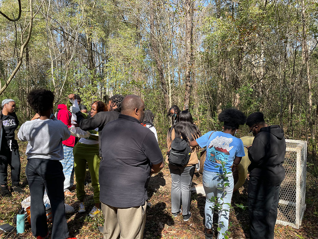 Students participate in a hands-on forensic entomology field exercise, learning how insects are collected and analyzed to help estimate postmortem intervals and assist in criminal investigations. The experiential training provides students with real-world skills used in forensic science.