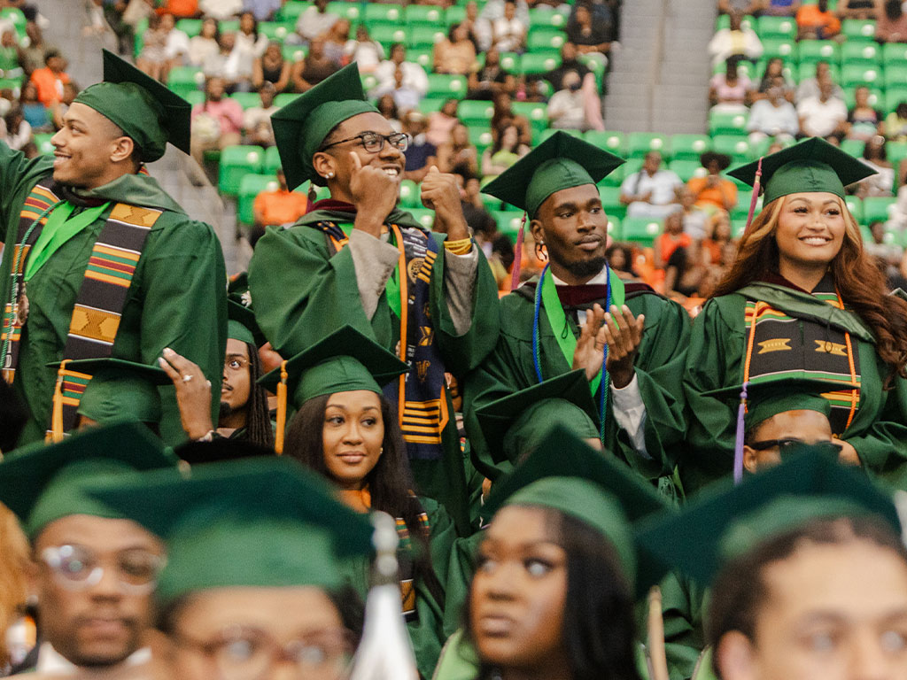 Graduates celebrate during Florida A&M University's Summer 2026 Commencement Ceremony at the Alfred Lawson Multipurpose Center and Teaching Gymnasium, where more than 500 students earned bachelor's, master's, doctoral, pharmacy and law degrees. (Photo courtesy of Michael Cork.)