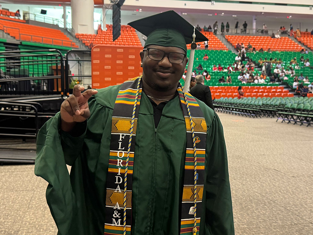 Master of Social Work graduate Rasheen Hill celebrates a milestone during Florida A&M University's Summer 2026 Commencement Ceremony. Hill completed both his bachelor's and master's degrees at FAMU and aspires to work with at-risk youth as a clinical social work intern. (Photo courtesy of Ashley Flete)