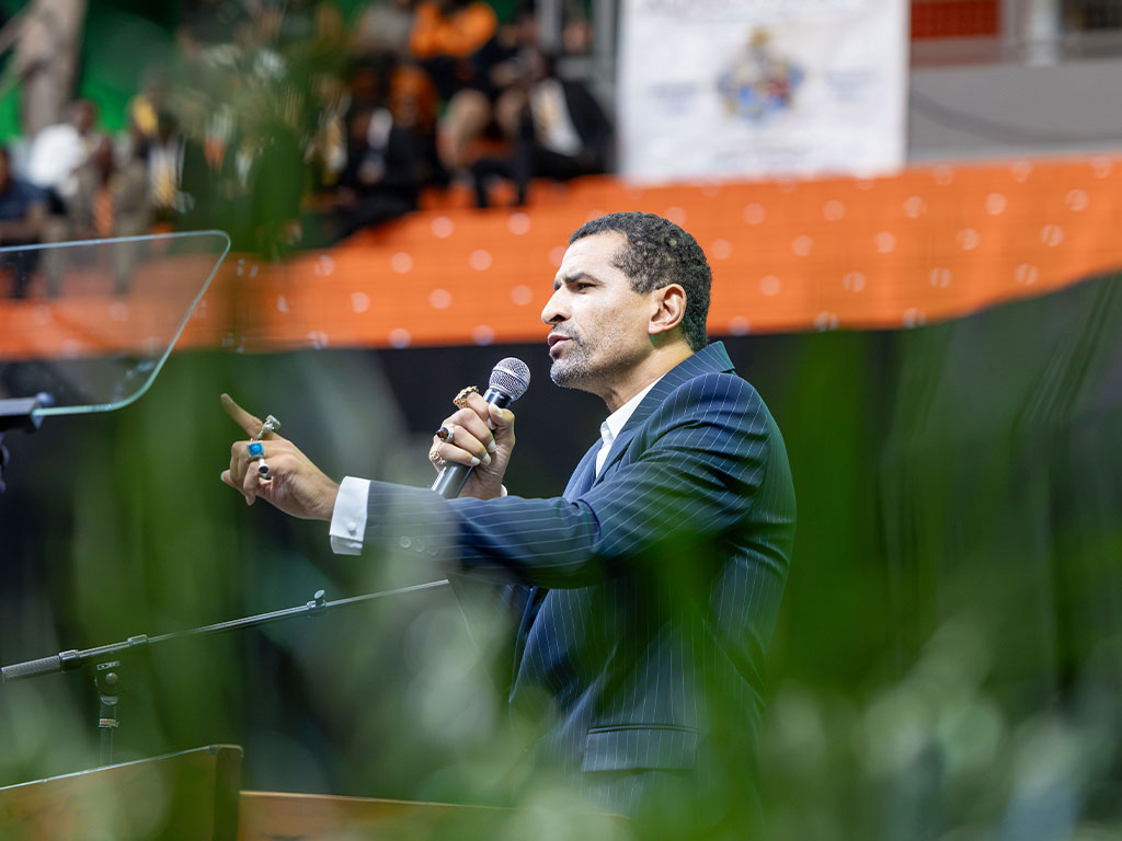 FAMU alumnus and healthcare entrepreneur Thomas “Tommy” Duncan delivers the keynote address during Florida A&M University's 2026 Homecoming Convocation on Friday, Oct. 23, sharing insights on leadership, entrepreneurship and the importance of taking risks to achieve success. (Photo by Jeff Adams/FAMU)