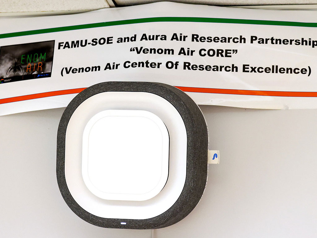 The Center of Excellence for Indoor Air Quality's environmental monitoring sensor is used by researchers and students in Florida A&M University's School of the Environment to collect real-time data on temperature, humidity, particulate matter and other air quality indicators. The technology supports research focused on hurricane preparedness, climate resilience and public health. (Photo courtesy of Florida A&M University.)