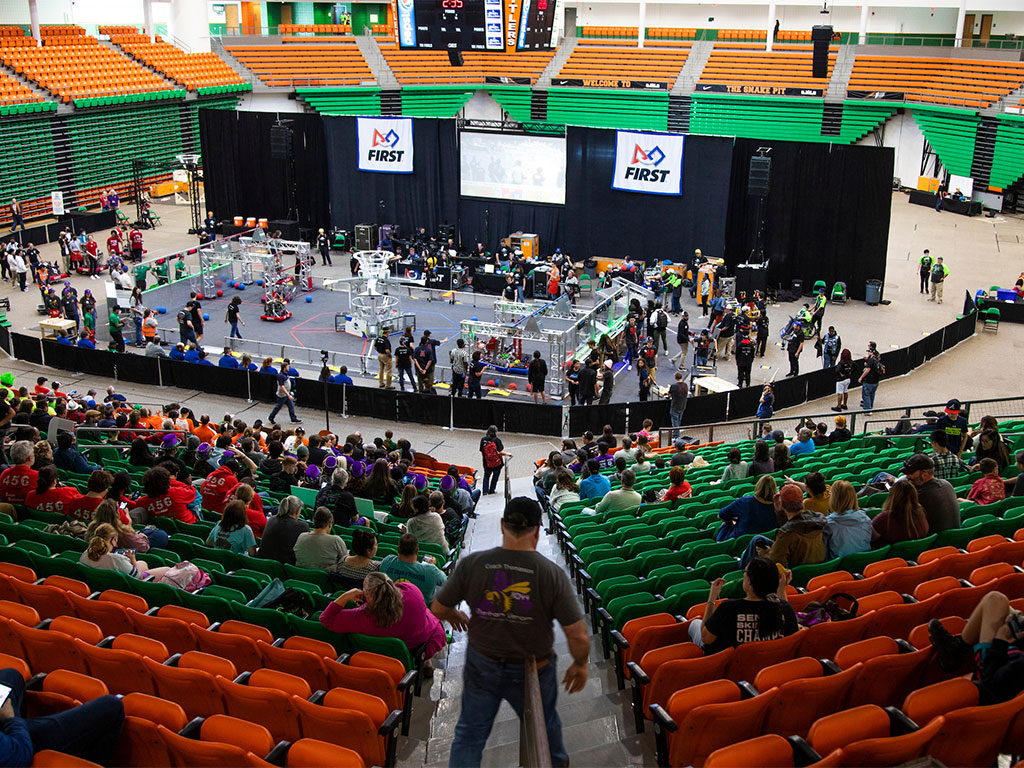 Aerial view of the FIRST robotics competition in Al Lawson