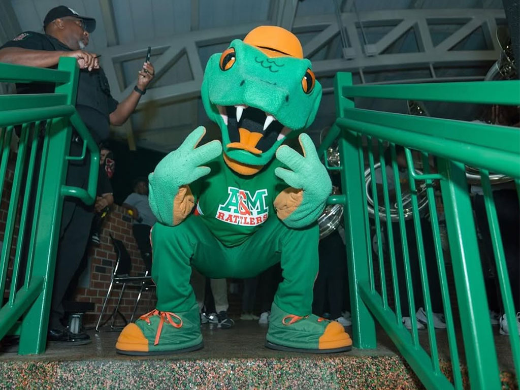 Jayden “JB” Patterson brings the energy as Venom, Florida A&M University’s beloved mascot. Patterson served as Venom for three years, beginning his journey in August 2023 and representing FAMU at games, special events and appearances across the country. (Photo courtesy of Jayden Patterson)