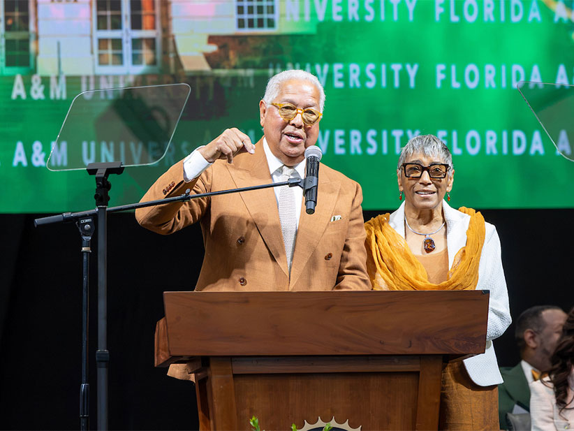 Drs. Bernard and Shirley Kinsey announcing a $2million donation to the Marching 100