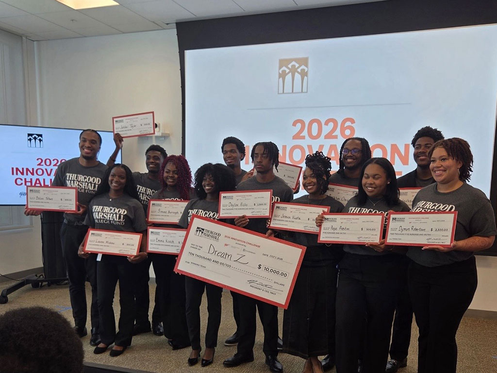 Participants in the 2026 Thurgood Marshall College Fund Innovation Challenge pose with scholarship awards following the national competition. Florida A&M University student Lauren Mickens is pictured front row, second from left. (Photo courtesy: Lauren Mickens)
