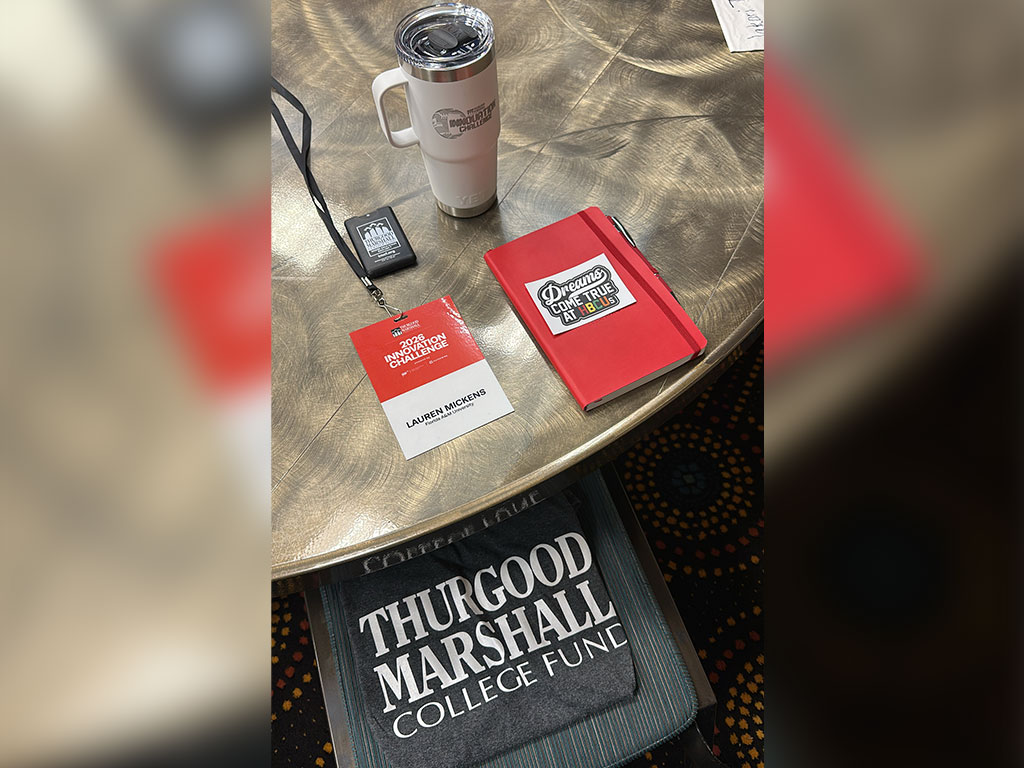 Conference materials, including a participant badge, notebook and commemorative items, welcomed Lauren Mickens to the 2026 Thurgood Marshall College Fund Innovation Challenge. (Photo courtesy: Lauren Mickens)