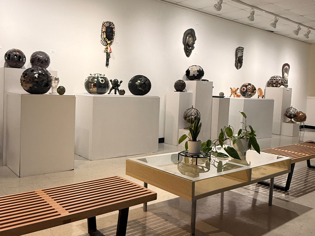 An installation view of Marilyn Proctor-Givens’ “Exploration of a Process” exhibition showcases a collection of ceramic works displayed throughout FAMU’s Foster-Tanner Fine Arts Gallery. (Photo courtesy of Taylor Brooklyn-Cook)