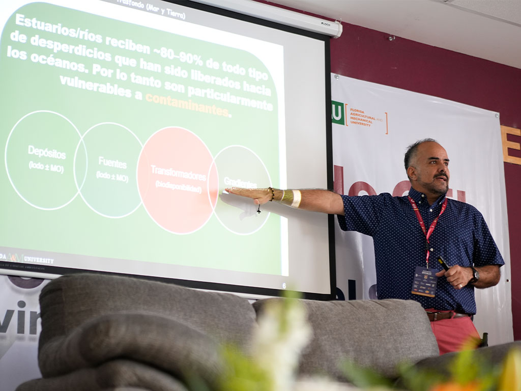 Michael Martínez-Colón, Ph.D., associate professor in the FAMU School of the Environment, presents during the 2026 EnergyWaterFoodClimateNexus International Summit in Ciudad Hidalgo, Michoacán, Mexico. Martínez-Colón opened the first workshop session with a presentation exploring the connections among climate change, organic matter and sediment transport, methane production and the movement of contaminants through river systems.