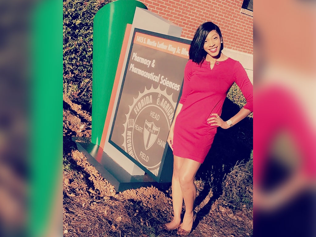 Michelle Fredrick stands outside Florida A&M University’s College of Pharmacy and Pharmaceutical Sciences, where her passion for public health and research continued to grow throughout her academic journey.(Photo Courtesy: Michelle Fredrick)