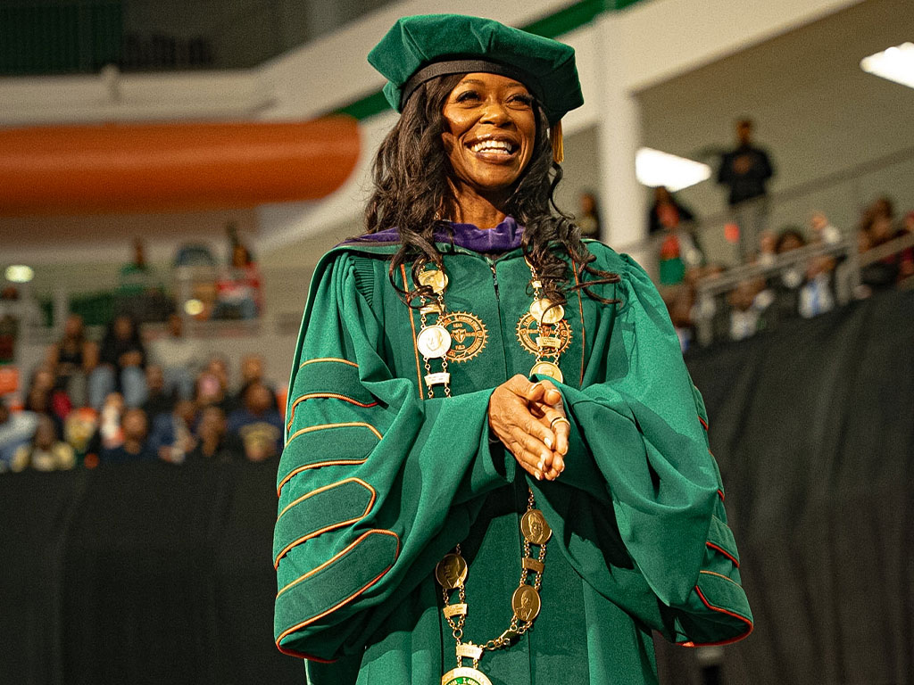 President Marva B. Johnson, J.D. smiling during the May 2, commencement.