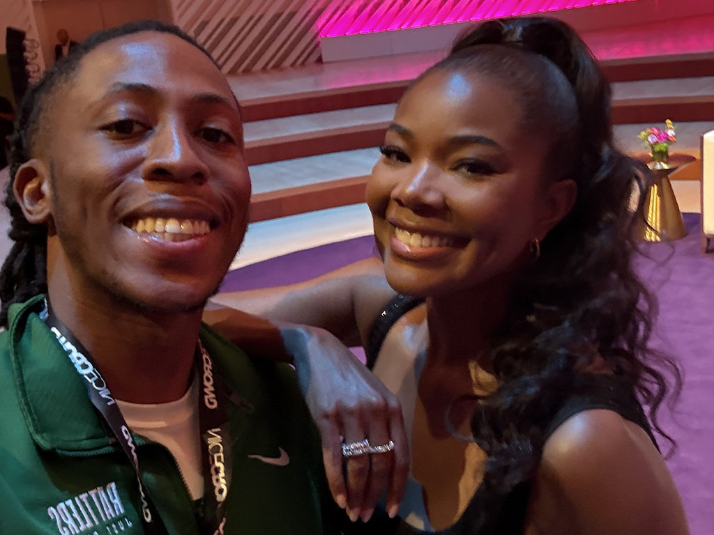  Florida A&M University graphic design student Treyvon Eugene poses with actress/producer Gabrielle Union at the 2025 American Black Film Festival. (Credit: Treyvon Eugene)