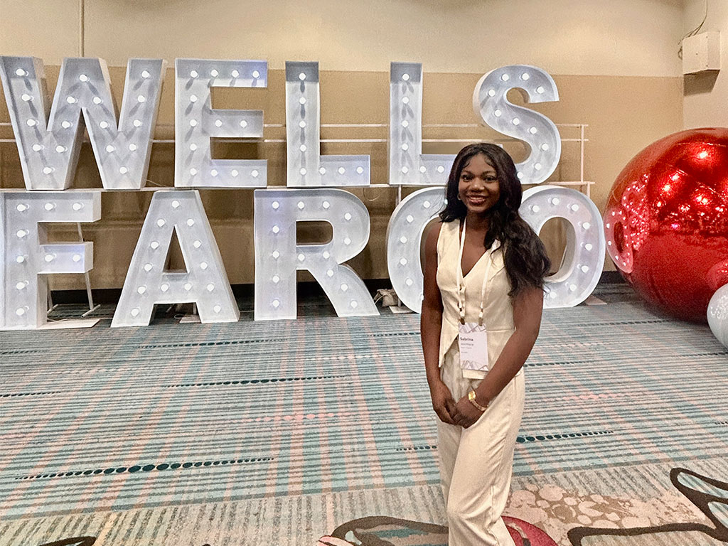 **Sabrina Jean-Marie, a third-year senior business administration student specializing in finance at Florida A&M University’s School of Business and Industry, attends a Wells Fargo event during her summer internship. Photo courtesy of Sabrina Jean-Marie.