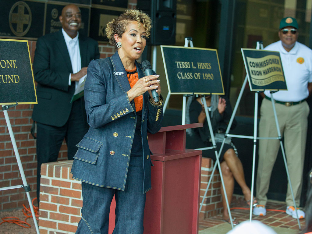 Alumna Terri Hines addresses the crowd during the SBI Big Board Celebration at Florida A&M University on Nov. 1, 2024. Photo by AJ Shorter for FAMU.