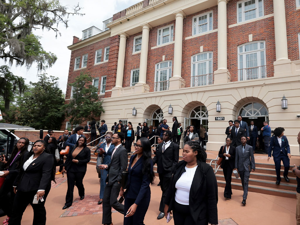 Florida A&M University students exit Lee Hall following the School of Business and Industry forum, a professional development experience connecting students with industry leaders.