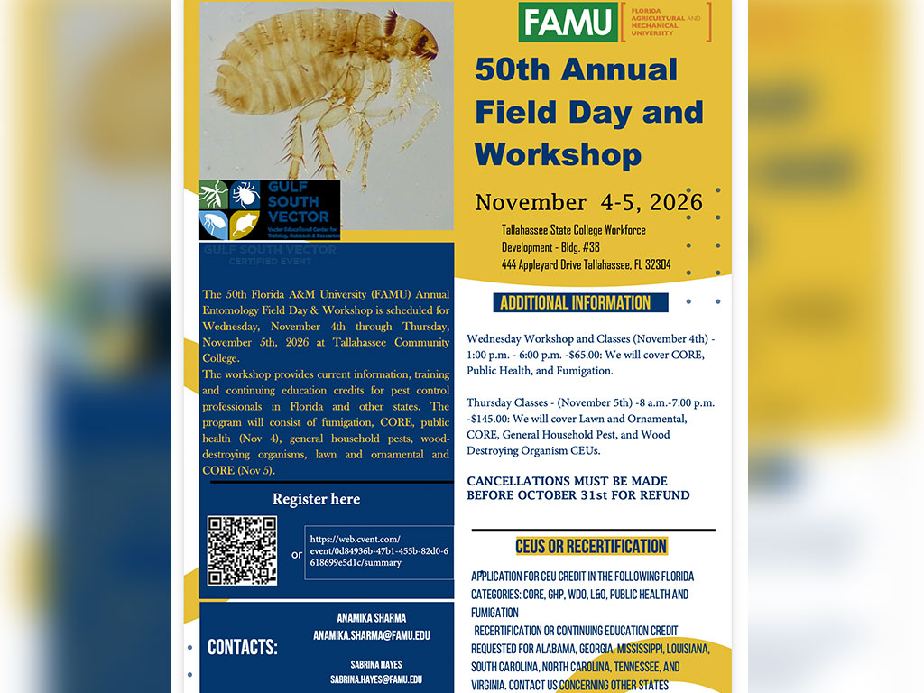 Community members and pest management professionals interested in learning more about insect science and mosquito surveillance can also explore educational opportunities through FAMU's annual Entomology Field Day and Worksho