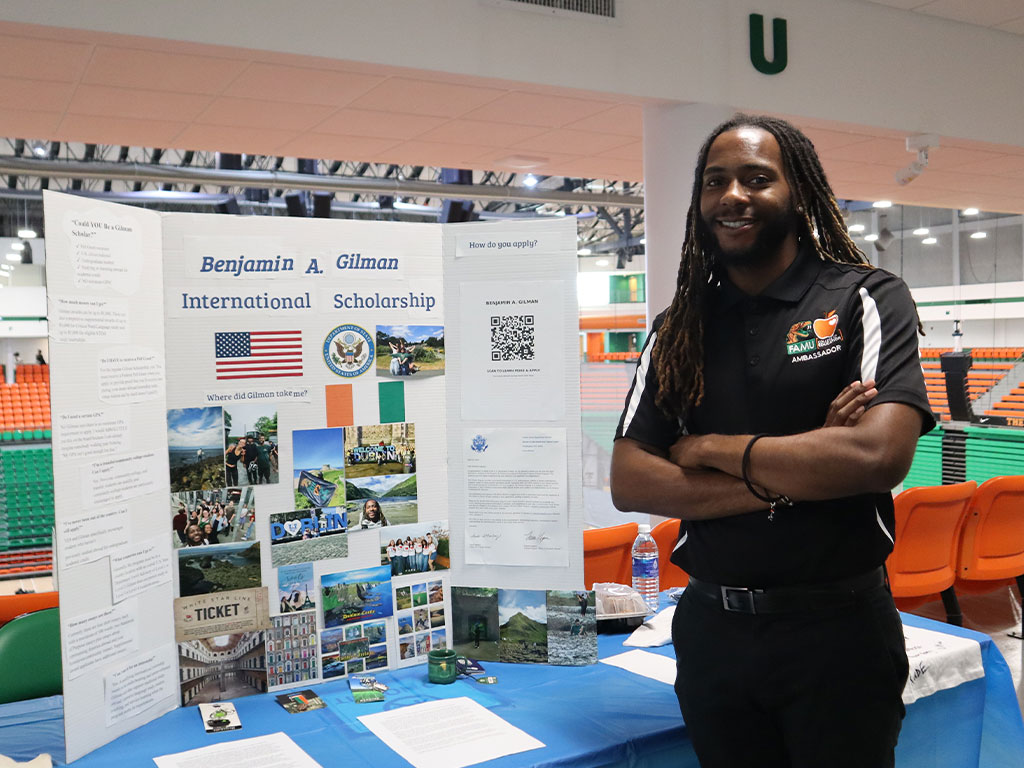 Florida A&M University senior Delvonz Flamand shares information about the Benjamin A. Gilman International Scholarship during FAMU’s Study Abroad Fair. Flamand returned to the fair as a presenter after his own study abroad experience, helping fellow Rattlers explore opportunities to study internationally.