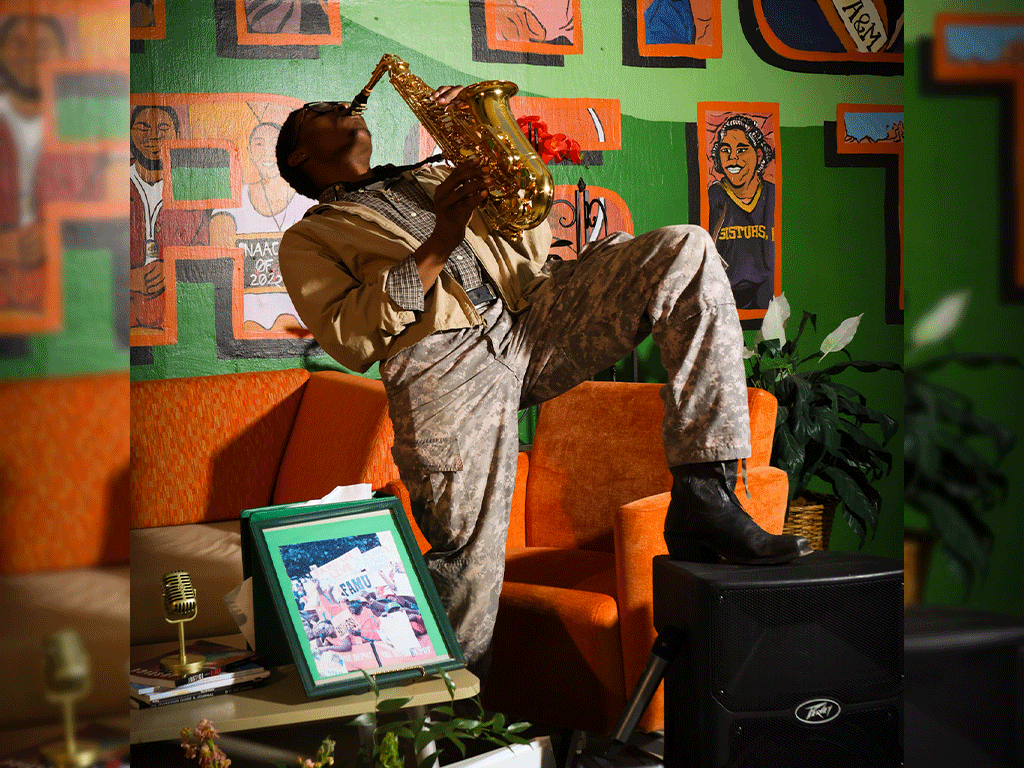 FAMU student playing his saxophone. 