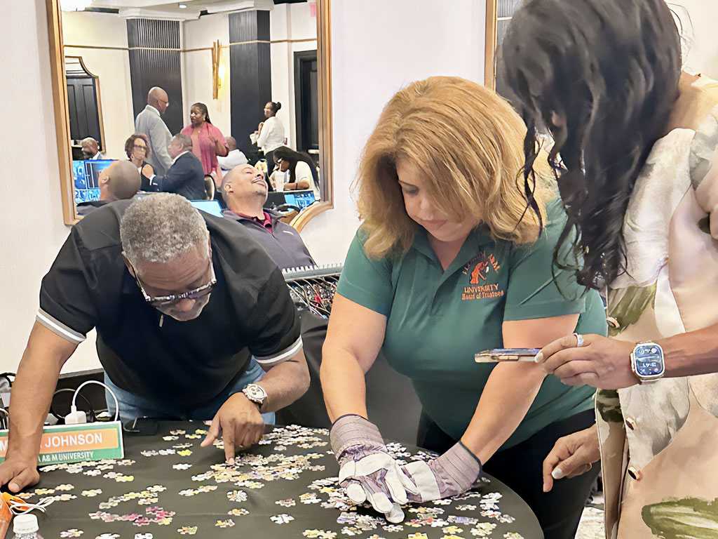 FAMU Board members Deveron Gibbons, Kristin Harper and President Marva Johnson work together on a team building exercise during the 2025 FAMU Board of Trustees Retreat. FAMU Board members Deveron Gibbons, Kristin Harper and President Marva Johnson work together on a team building exercise during the 2025 FAMU Board of Trustees Retreat. 