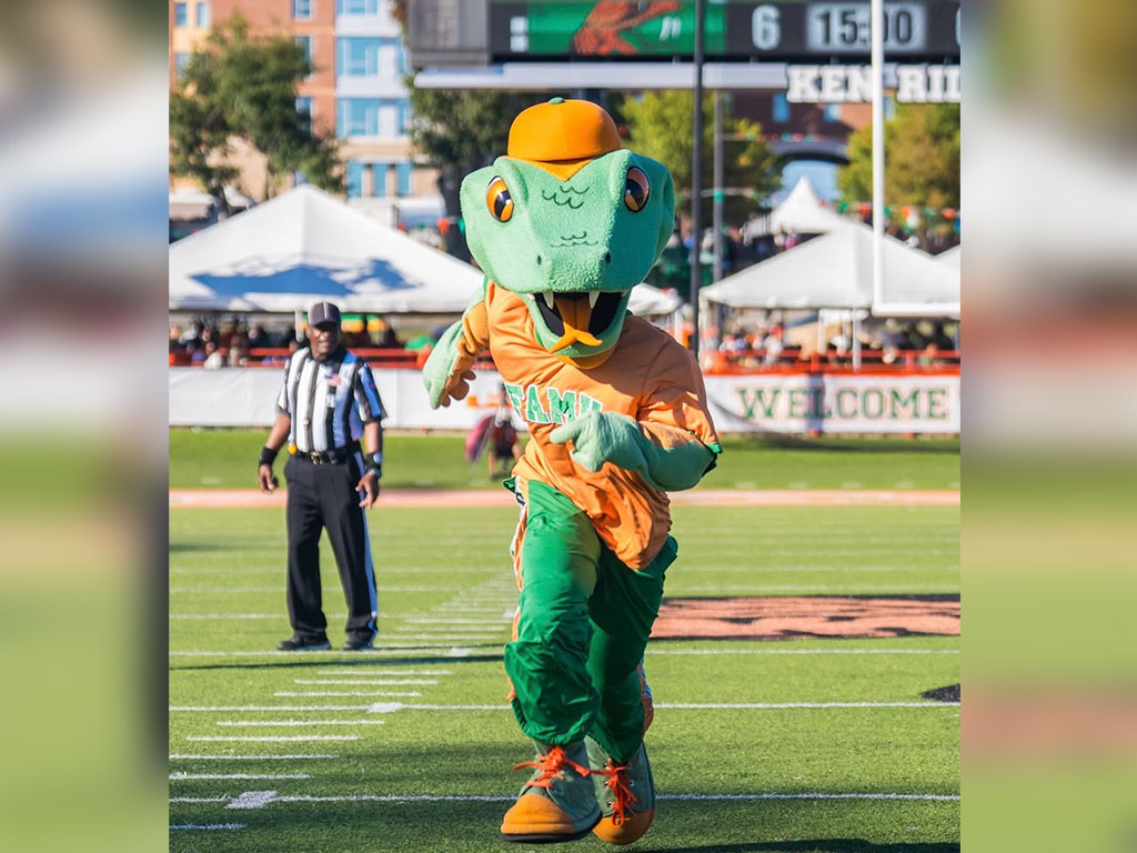 Venom brings Rattler spirit to the field during a Florida A&M University football game. Jayden “JB” Patterson spent three years behind the mask, using his energy, dance and personality to entertain Rattlers and represent FAMU. Photo courtesy of Jayden Patterson