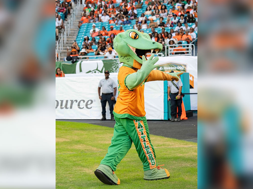 Venom brings the energy and Rattler spirit to the sidelines during a Florida A&M University football game, engaging fans and representing the pride and tradition of FAMU. (Photo courtesy of Jayden Patterson)