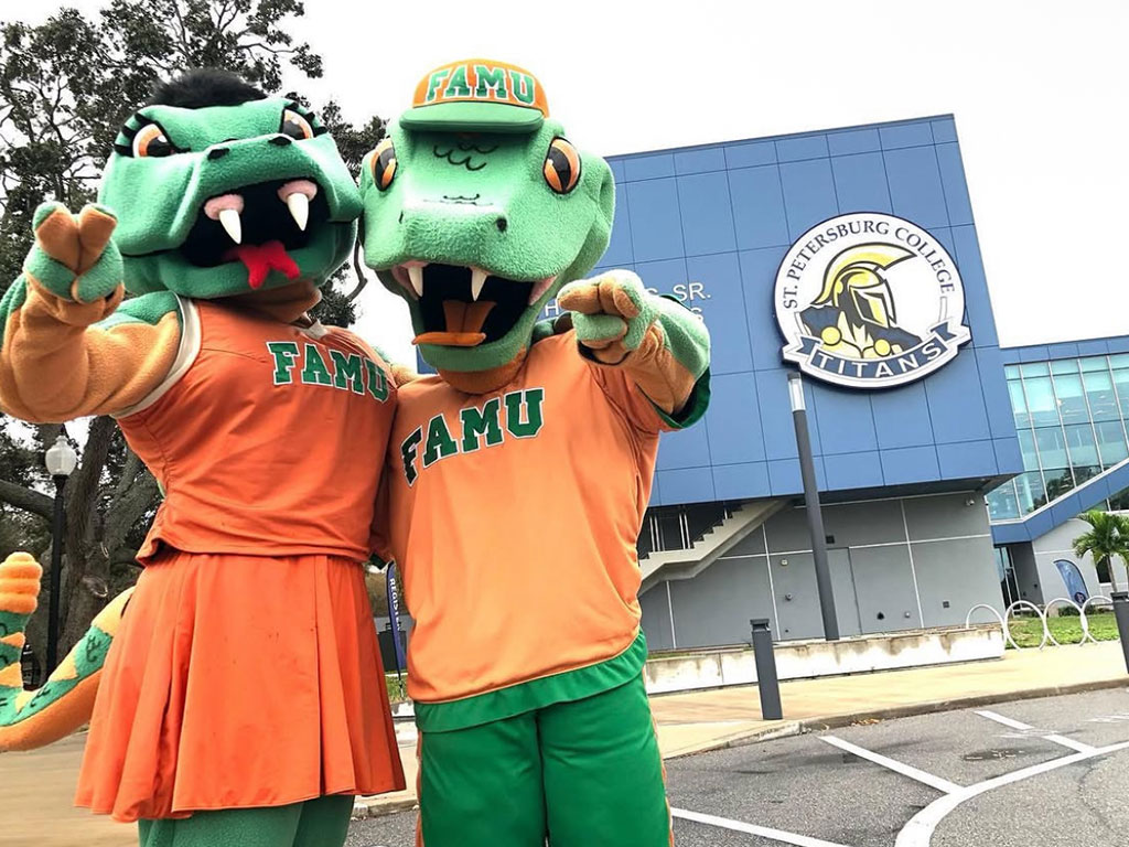 Venom and Lady Venom show their Rattler pride during a FAMU appearance at St. Petersburg College. Jayden “JB” Patterson served as Venom for three years, representing Florida A&M University at events and appearances on and off campus. Photo courtesy of Jayden Patterson