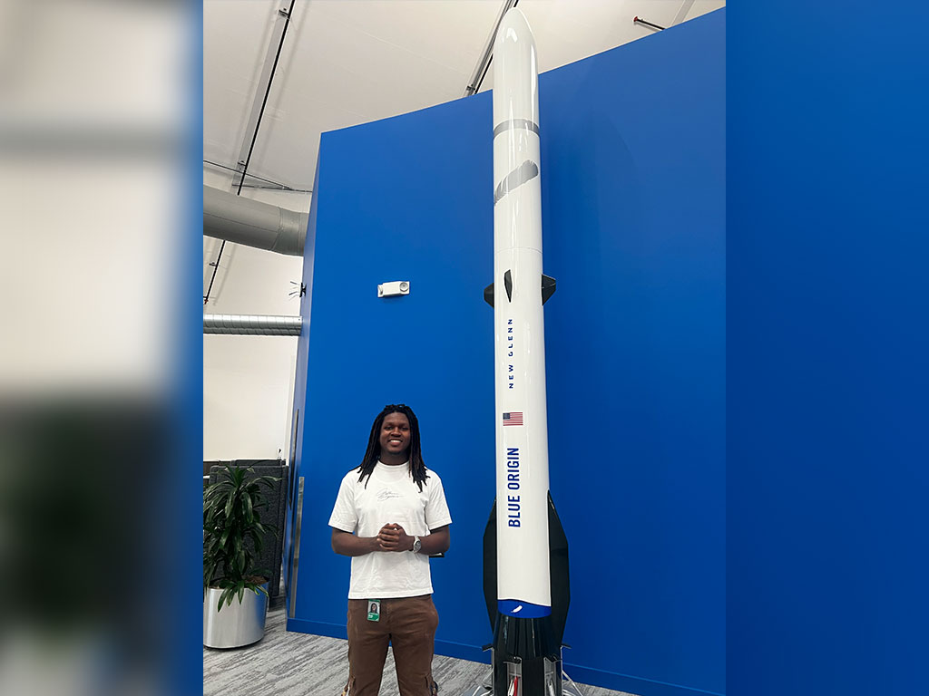 A Blue Origin spacecraft on display at the company's Renton, Washington, facility highlights the innovative environment where Florida A&M University student Wade Solomon is completing his NASA CLPS NextGEN internship. Photo courtesy Wade Solomon.