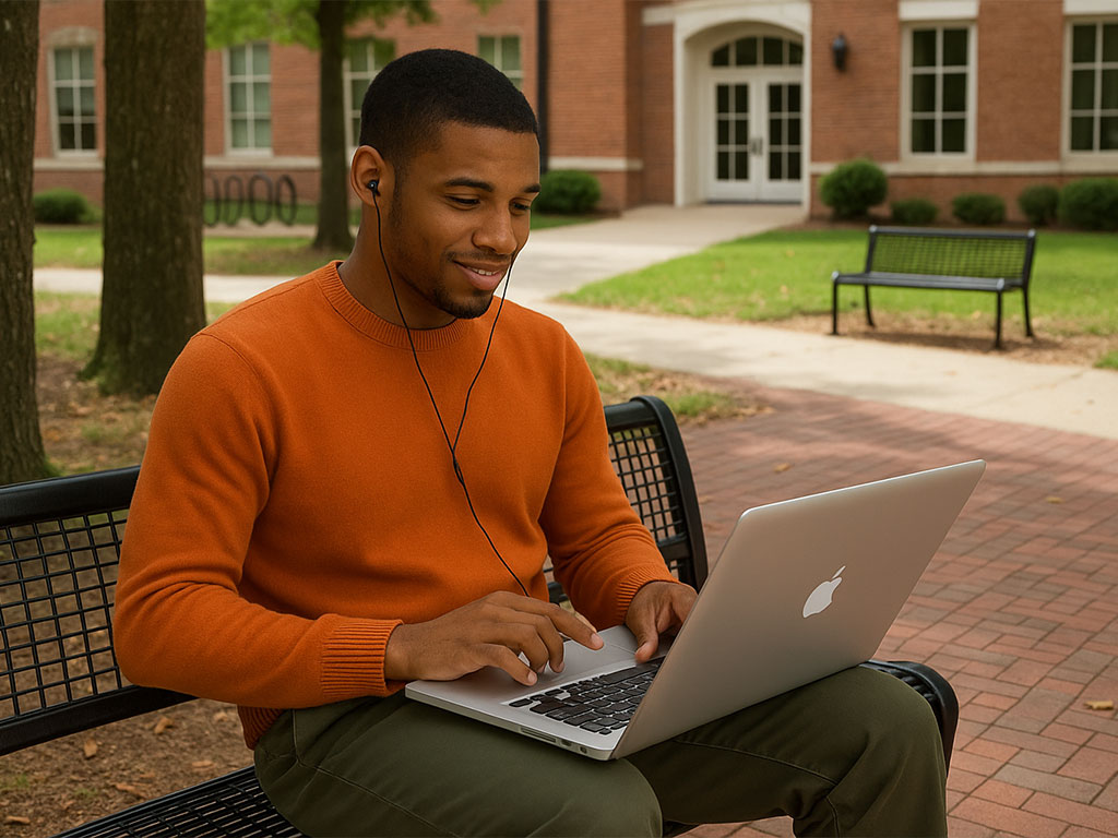 FAMU student outside using laptop