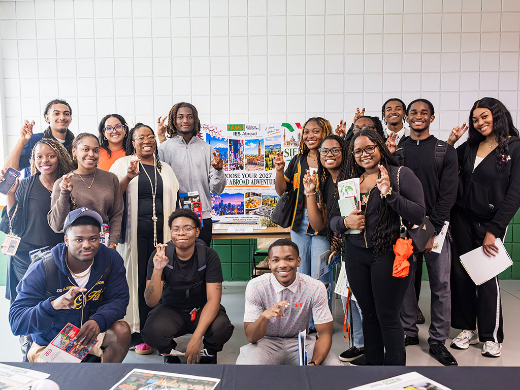 Florida A&M University students pose together during the Study Abroad Fair while exploring opportunities to study and travel internationally.