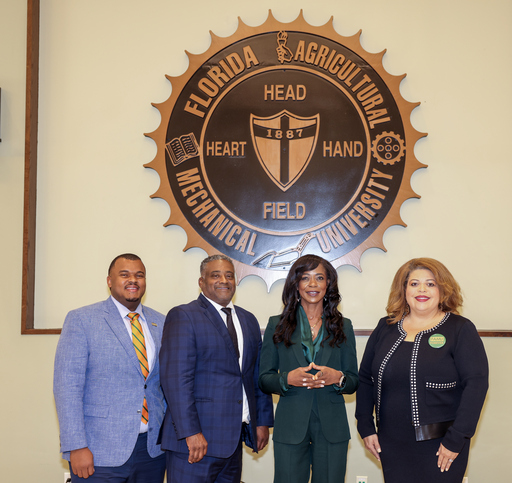 Photo 2: Pictured L to R: Vice Chair Michael White, Chair Deveron Gibbons, J.D., President Marva Johnson, J.D., and Immediate Past Chair Kristin Harper.