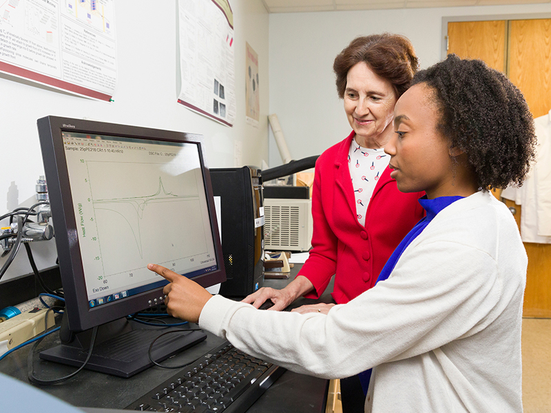 Rufina Alamo, Ph.D., (L) and Briona Carswell pose in the Alamo Lab at FAMU-FSU College of Engineering in Tallahassee, Florida on October 25, 2024. Carswell is the first FAMU graduate student in the new Materials Science & Engineering department.