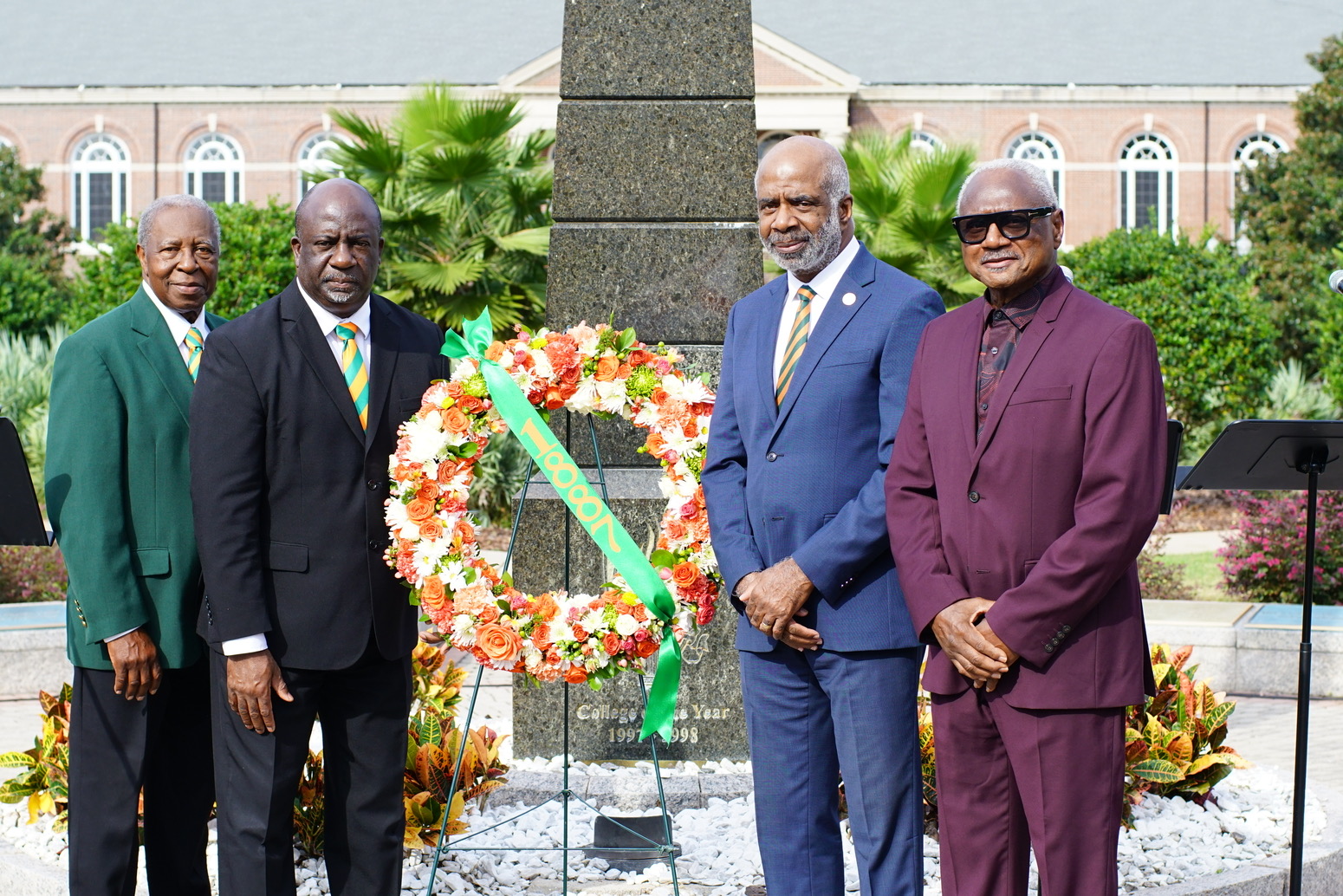 FAMU Interim President Timothy L. Beard, Ph.D., was joined by three former university presidents to lay a wreath in honor of FAMU 137th Anniversary. Pictured L-R: Fred Gainous, Ph. D. (2002-2004), Beard (current), Larry Robinson, Ph.D. (2017-2024), and Henry Lewis, Ph.D. (2002).