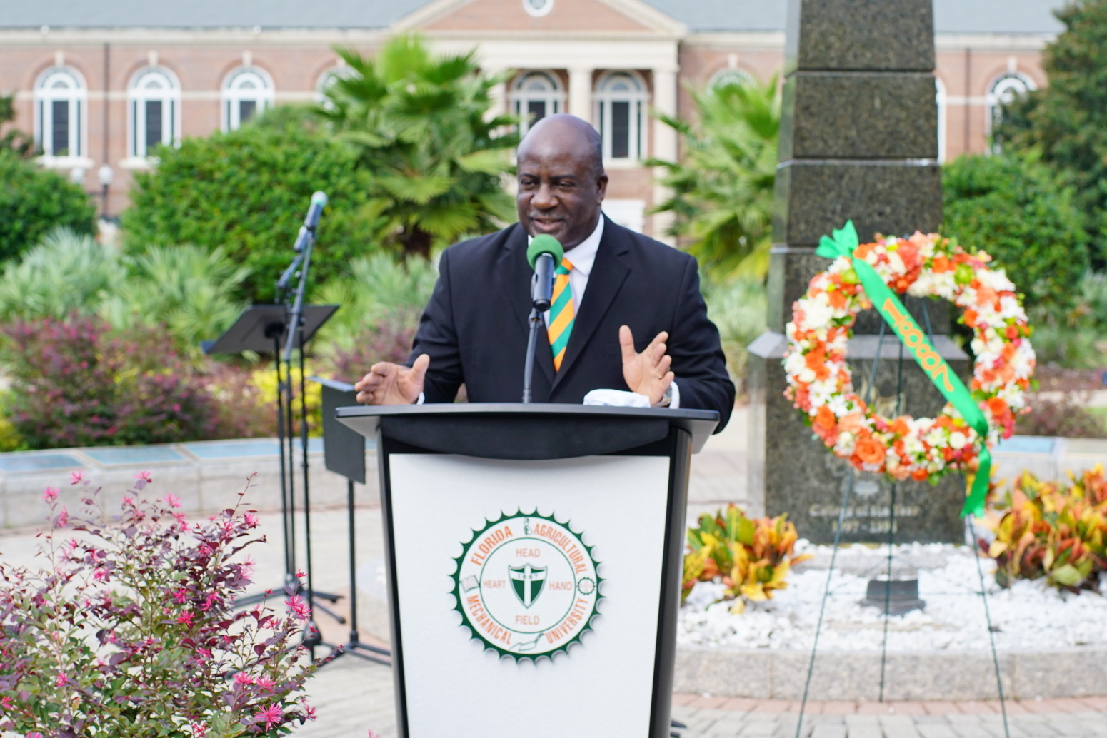 FAMU Interim President Timothy L. Beard, Ph.D., offers closing remarks at the 2024 Founders Day Wreath Laying Ceremony.